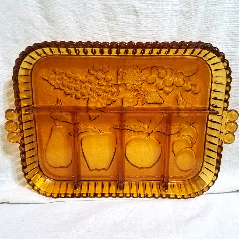 Indiana Amber Glass Divided Fruit Embossed Tray